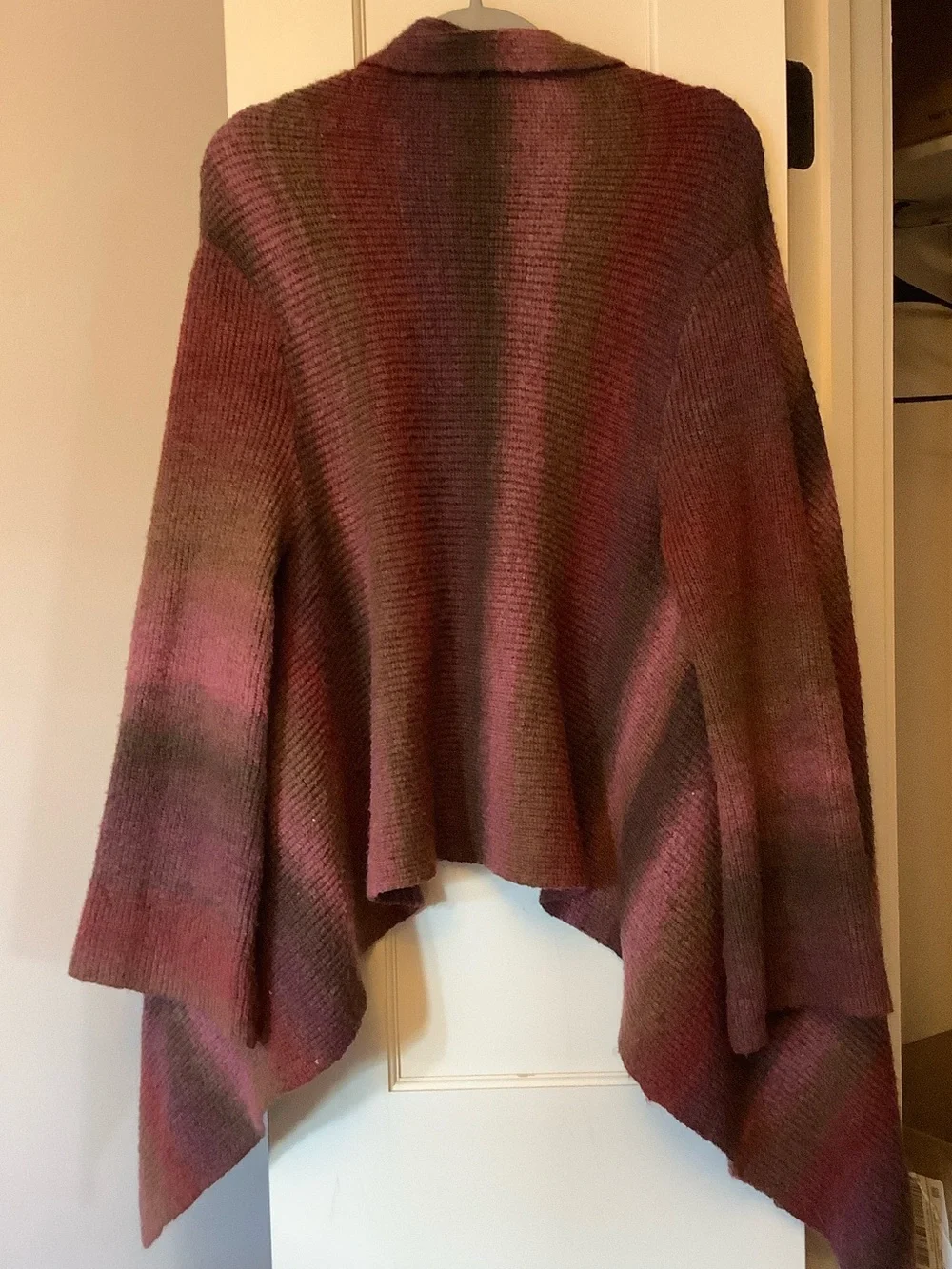 Fashion Bug Mauve and Olive Striped Open-Front Poncho Sweater - Picture 5 of 7